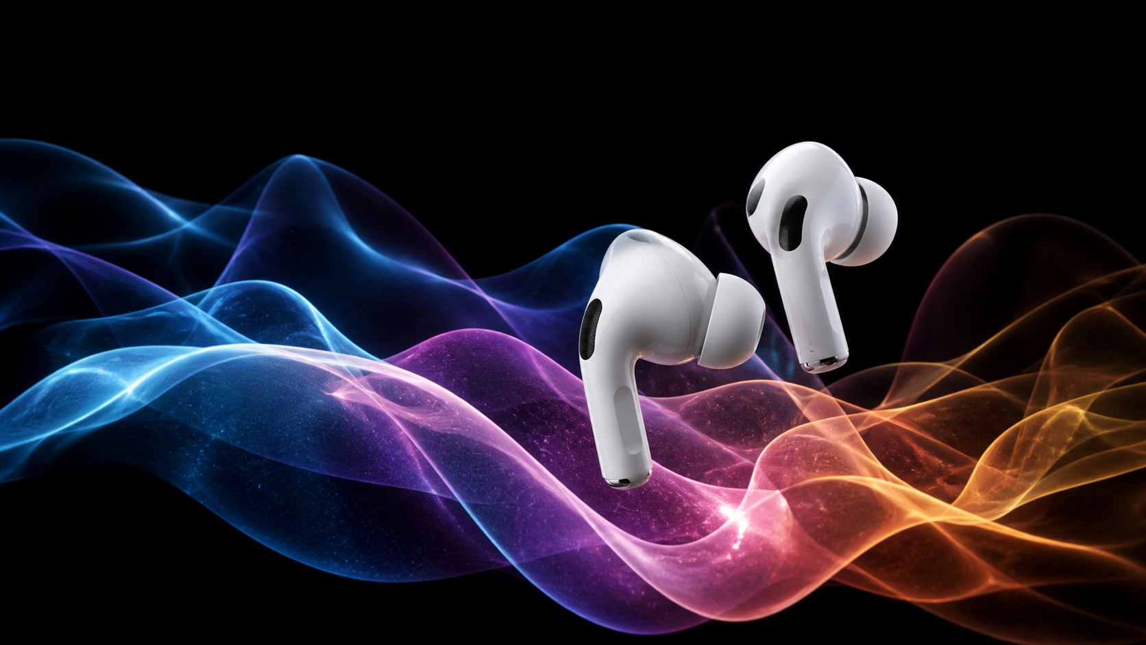 Illustration of white AirPods Pro earbuds above MoodWatch's blue, violet, pink, and amber HeartScape